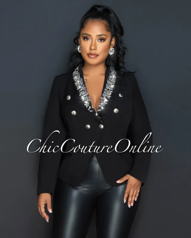 Natacha Black Rhinestones Silver Buttons Blazer sold by Chic Couture