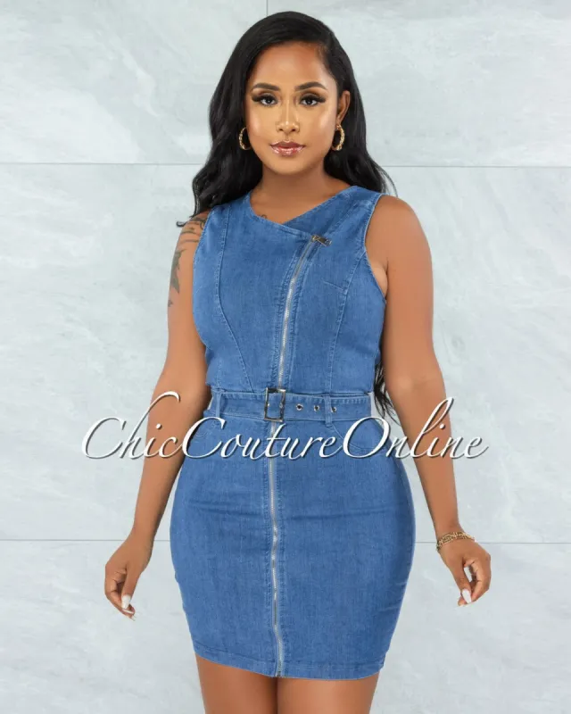*Pebbles Medium Denim Front Silver Zipper Belted Dress sold by Chic Couture