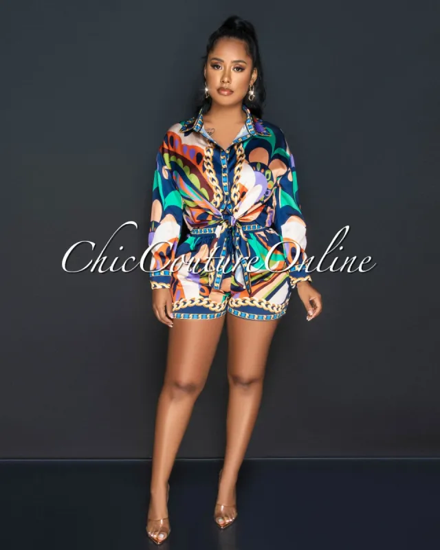 Paul Navy Blue Print Silky Shirt & Shorts Set sold by Chic Couture