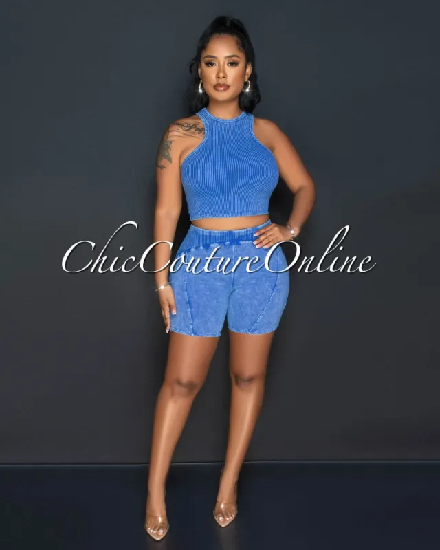 Ryanna Blue Ribbed Crop Top & Shorts Set sold by Chic Couture