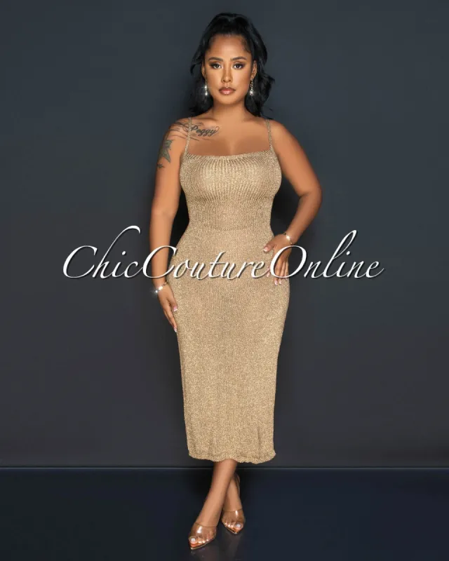 Deany Gold Shimmer Lace-Up Back Crochet Maxi Dress sold by Chic Couture