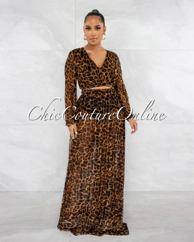 *Antioco Leopard Print Front Tie Top & Maxi Skirt Mesh Set sold by Chic Couture