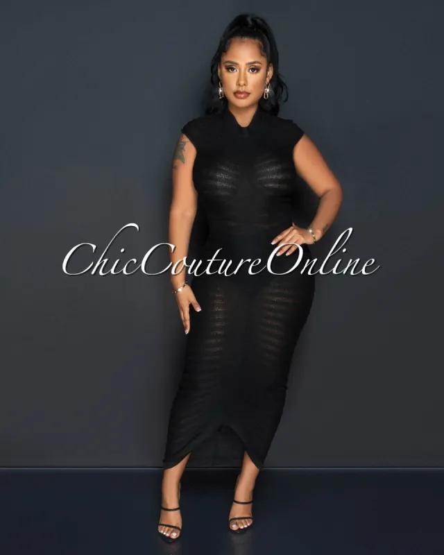 Jonette Black Crochet Stripes Maxi Dress sold by Chic Couture