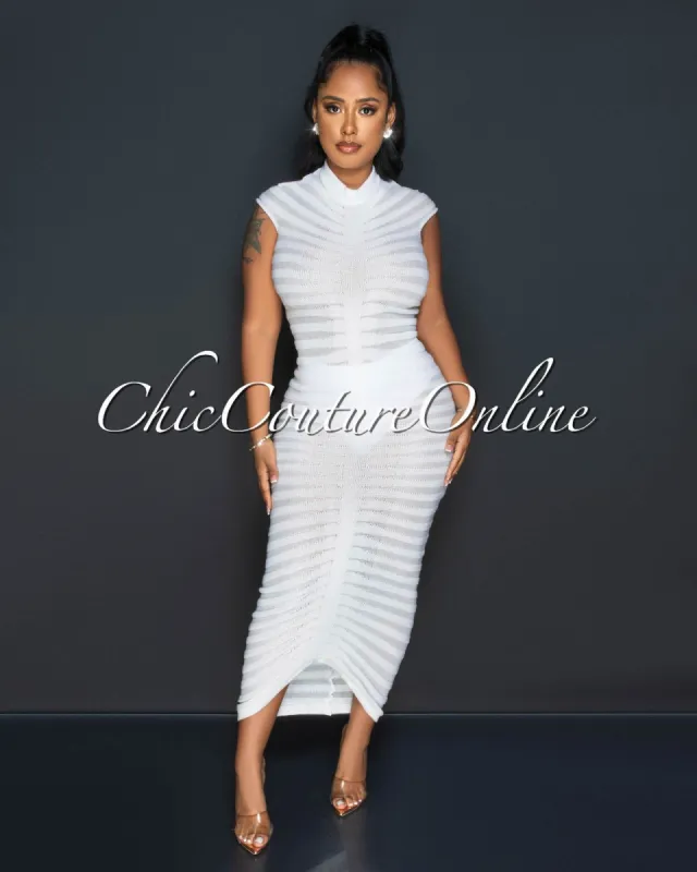 Jonette Off-White Crochet Stripes Maxi Dress sold by Chic Couture