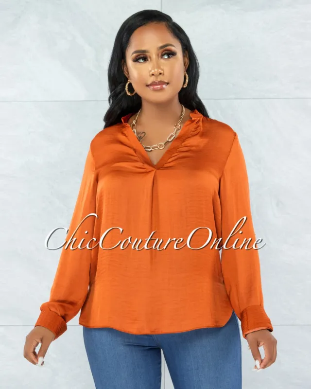 Zhen Rust Long Sleeves Shift Blouse sold by chic