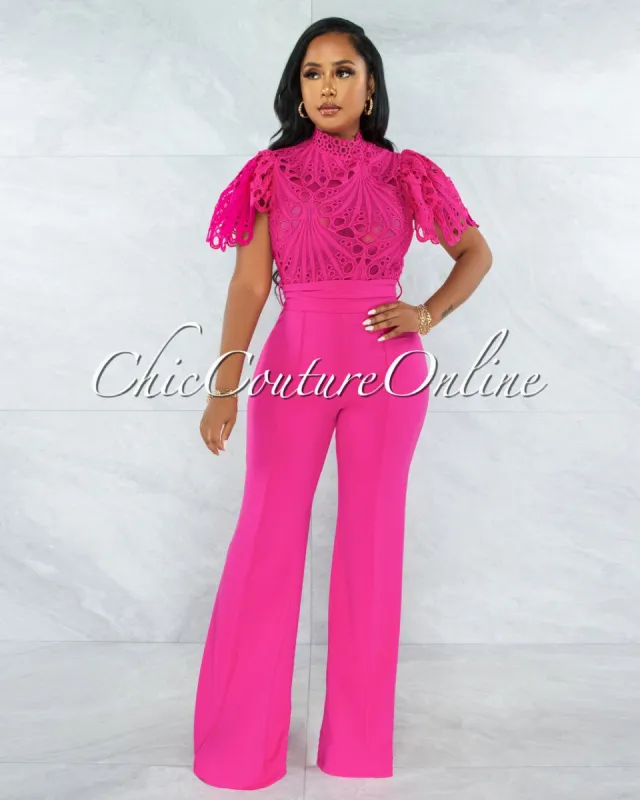 *Charity Fuchsia Crochet See-Thru Top Ruffle Sleeves Jumpsuit sold by Chic Couture