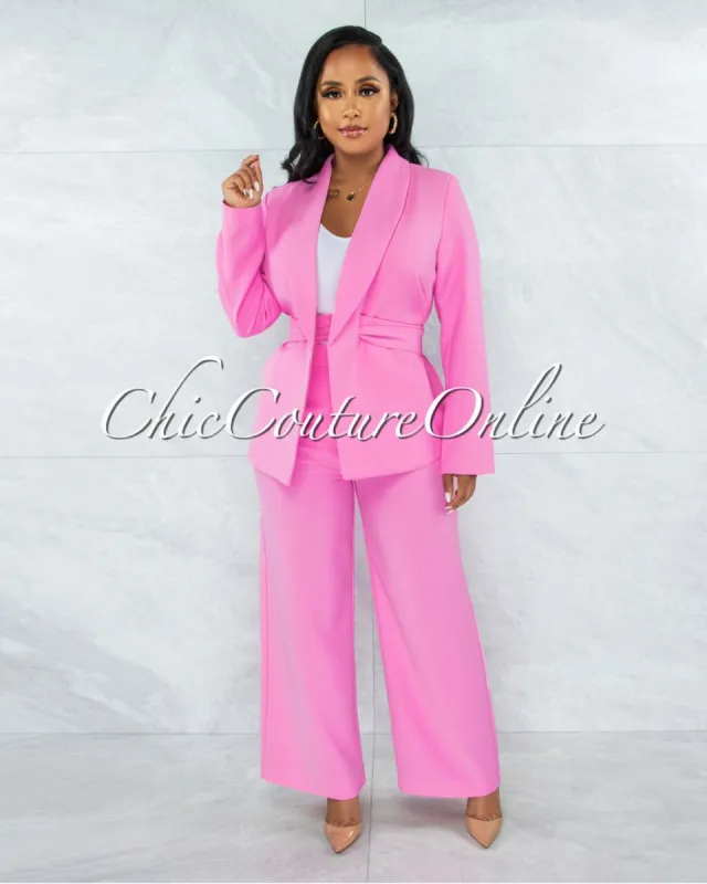 *Tahsi Bubblegum Pink Belted Blazer & Pants Set sold by Chic Couture