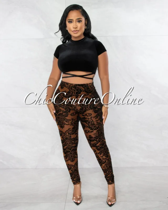 Ricardo Black Velvet Crop Top & Brown Damask Print Leggings Set sold by Chic Couture