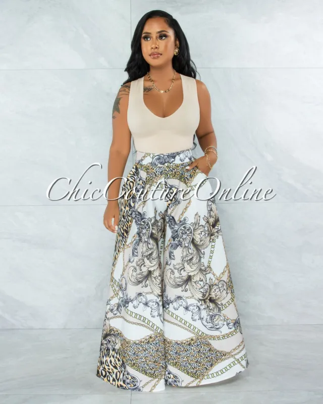 Ammar Nude Black Gold Print Pleated Wide Pants sold by chic