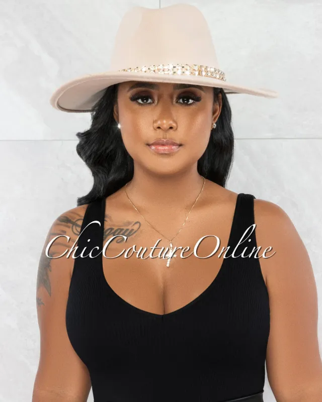 Panama Cream Faux Sued Rhinestones Fedora Hat sold by Chic Couture