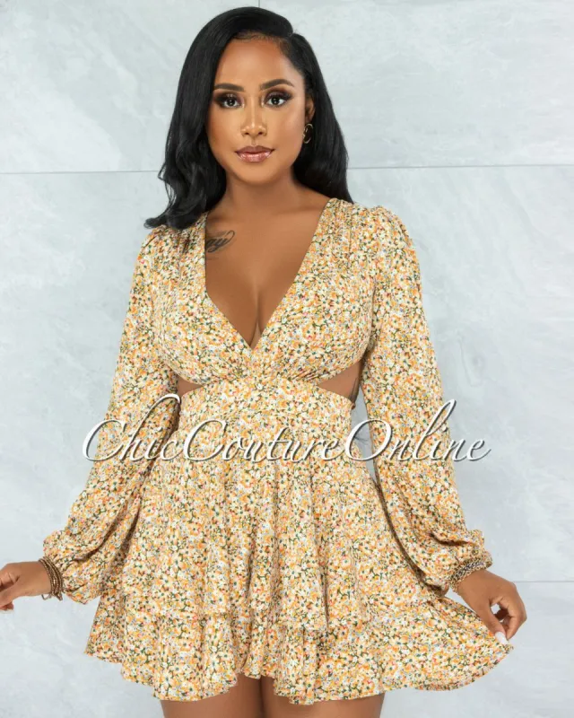 *Ohela Mustard Floral Print Cut-Out Back Lace-Up Romper sold by chic