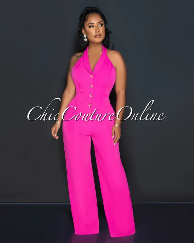 Clement Fuchsia Buttoned Halter Jumpsuit sold by Chic Couture