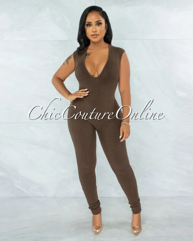 *Joyner Mocha Deep V-Neck Ribbed Jumpsuit sold by chic