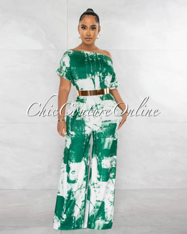 Dalila Green White Tie-Dye Print Wide Jumpsuit sold by chic