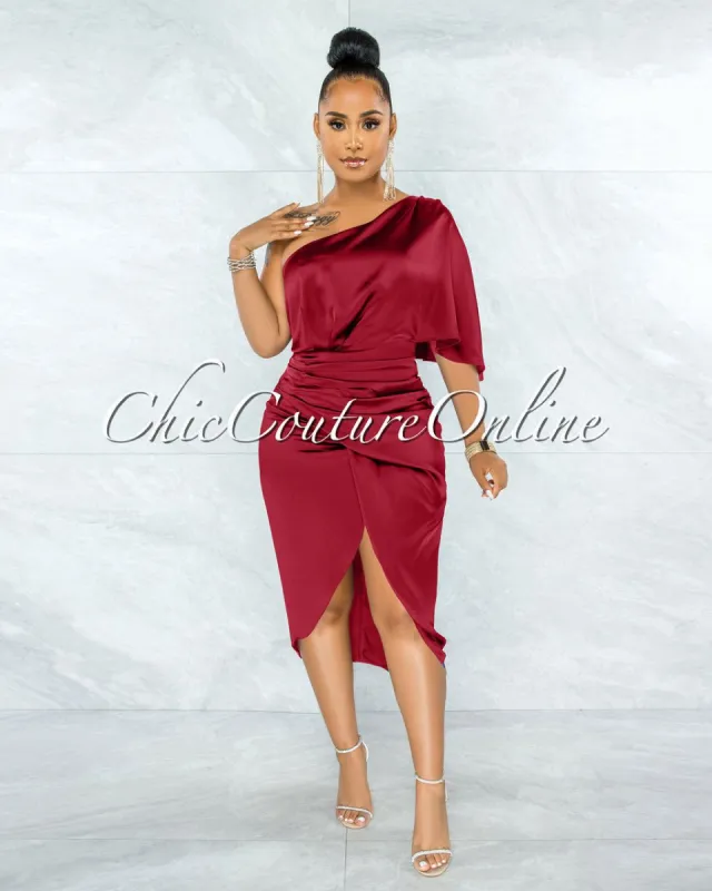 *Babette Burgundy Draped Single Shoulder Ruched Midi Dress sold by Chic Couture