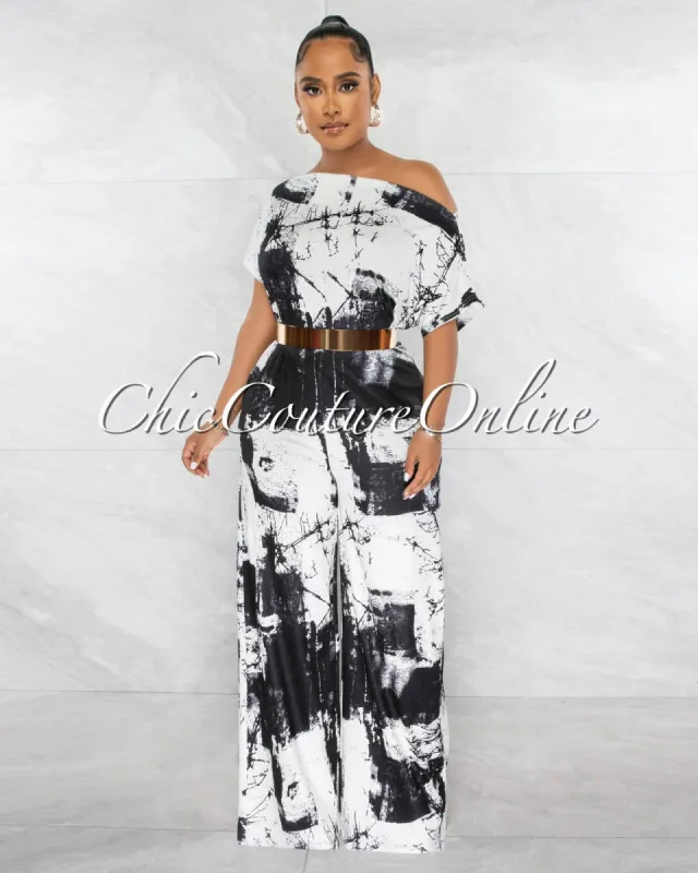 Dalila Black White Tie-Dye Print Wide Jumpsuit sold by chic