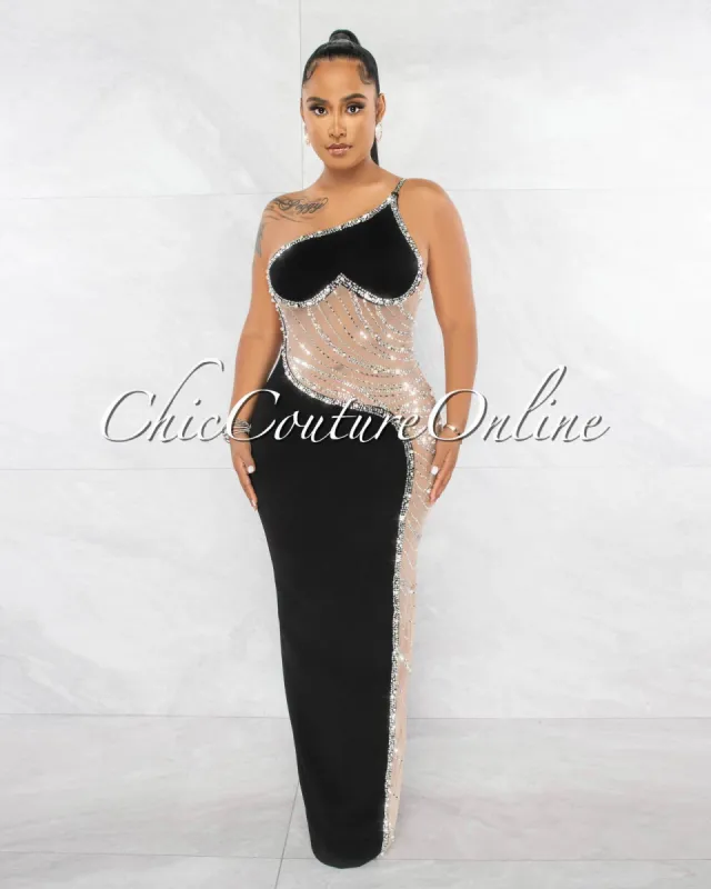 Sanaly Black Nude Mesh Sheer Rhinestones Side Maxi Dress sold by chic