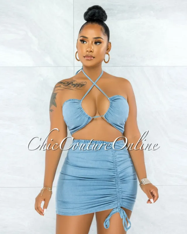 *Maitland Light Denim Self-Tie Crop Top & Ruched Skirt Set sold by chic
