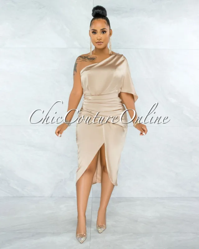 *Babette Champagne Draped Single Shoulder Midi Dress sold by Chic Couture