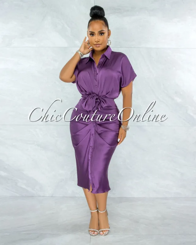 *Gustave Purple Draped Front Tie Shirt Midi Satin Dress sold by chic