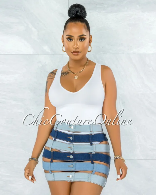 *Melinda Blue Denim Waistbands Mini Skirt sold by chic