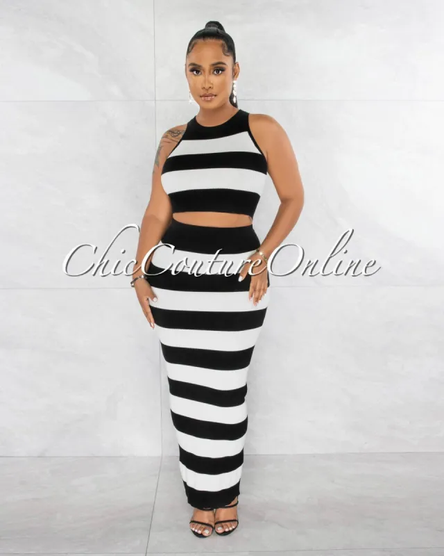 Resha Black White Crop Top & Maxi Skirt Knit Set sold by chic