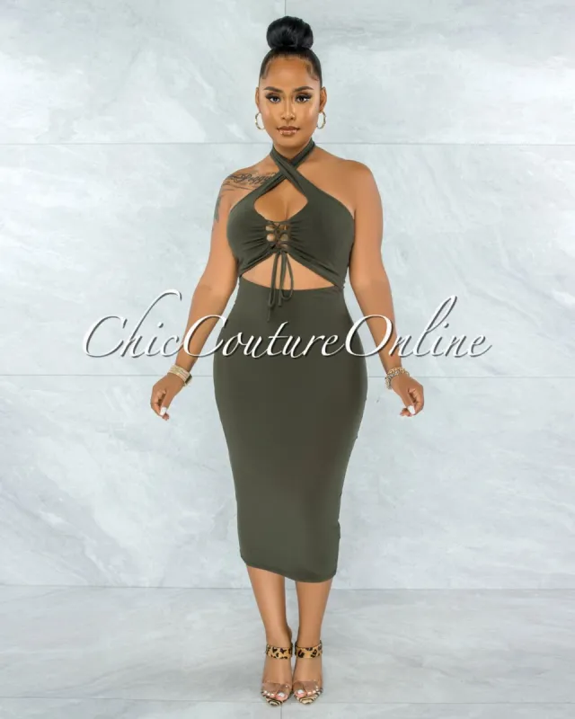 *Eugene Olive Green Lace-Up Front Cut-Out Midi Dress sold by chic