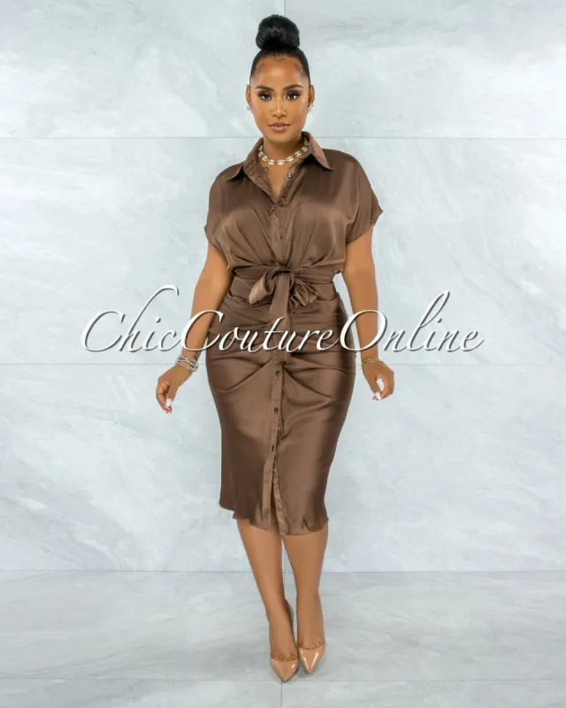 *Gustave Chocolate Draped Front Tie Shirt Midi Satin Dress sold by Chic Couture