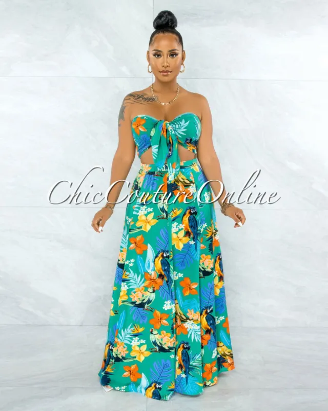 *Zaidee Green Floral Print Crop Top & Maxi Skirt Set sold by chic