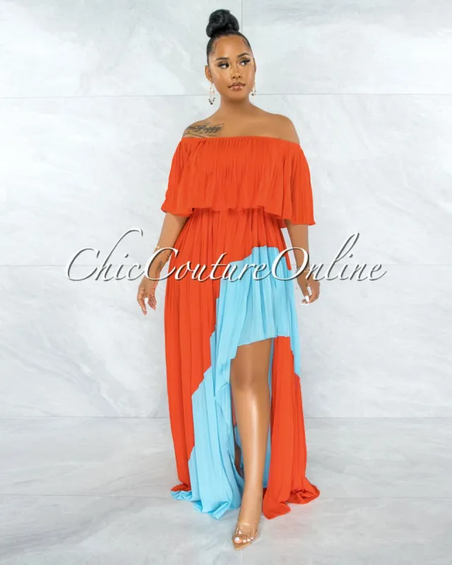 *Paloma Orange Blue Pleated Asymmetrical Maxi Dress sold by chic