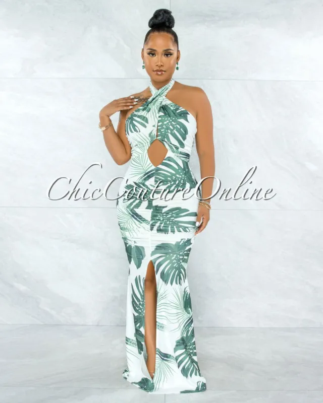 *Charlotte White Green Leaf Print Front Ruched Slit Maxi Dress sold by chic