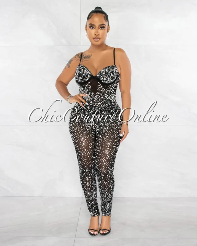 *Rahida Black Rhinestones Pearls Mesh Sheer Jumpsuit sold by Chic Couture