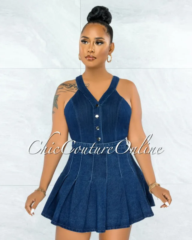 *Henny Dark Denim Bodysuit & Pleated Skirt Set sold by chic