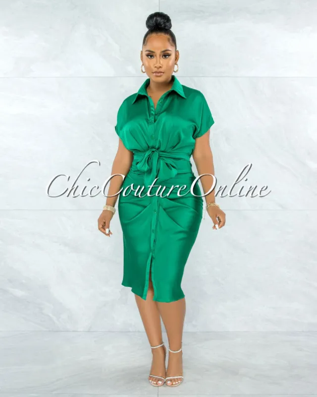 *Gustave Kelly Green Draped Front Tie Shirt Midi Satin Dress sold by chic