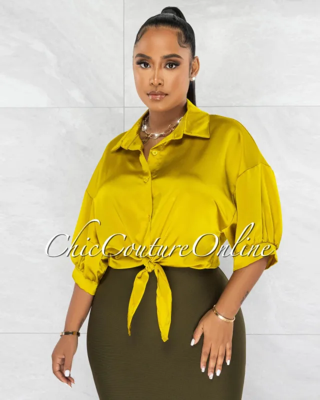 Rhada Dandelion Bubble Sleeves Front Tie Silky Blouse sold by chic