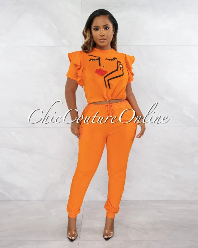 Hakon Orange Graphic Crop Top & Joggers Set sold by chic