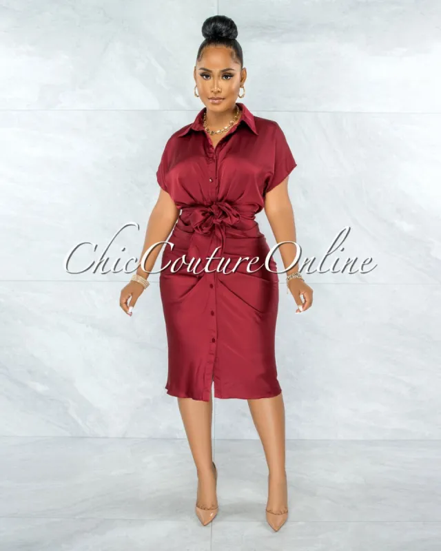 *Gustave Burgundy Draped Front Tie Shirt Midi Satin Dress sold by Chic Couture