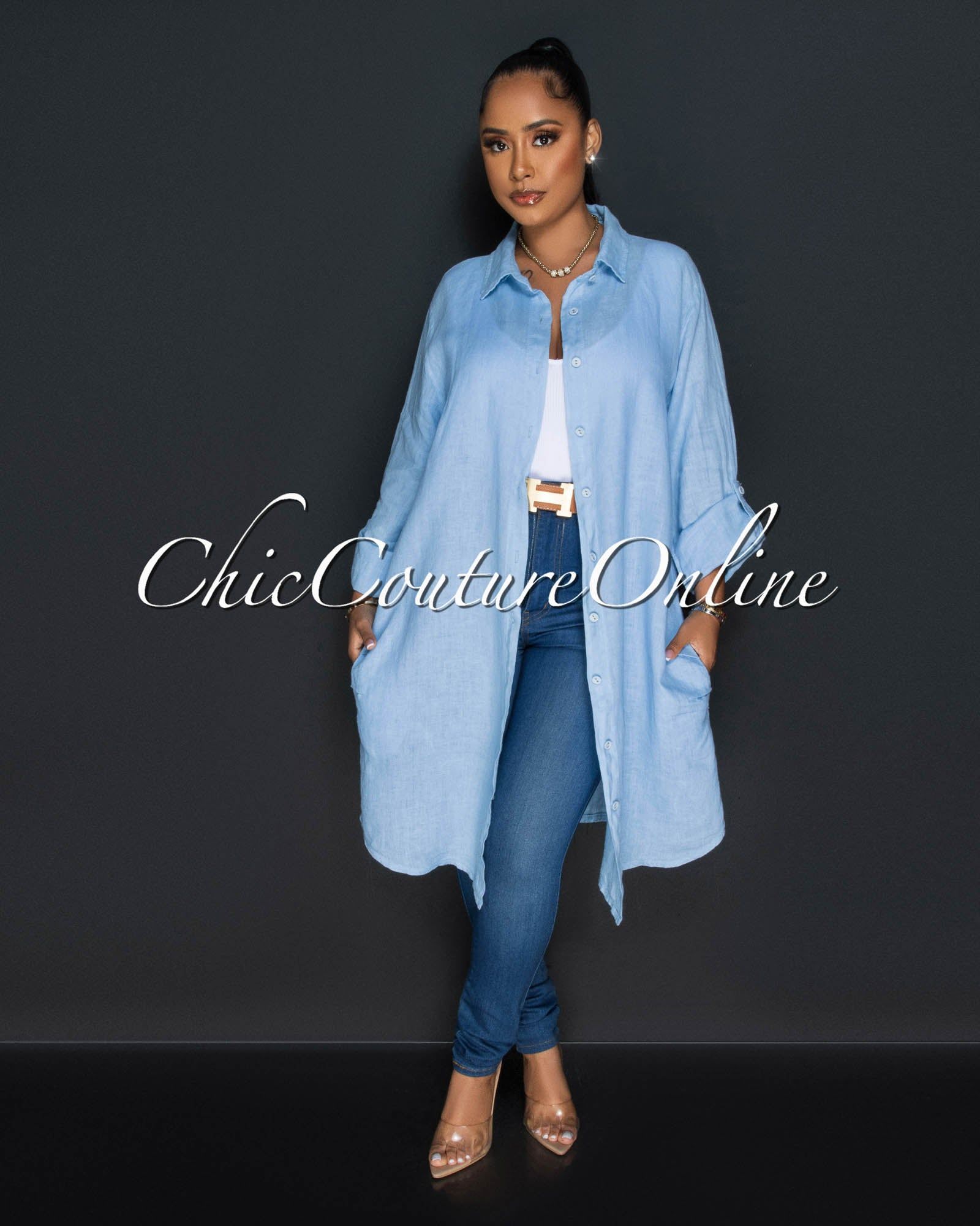 Cheyenne Baby Blue Front Buttons Shirt LINEN Midi Dress sold by Chic Couture