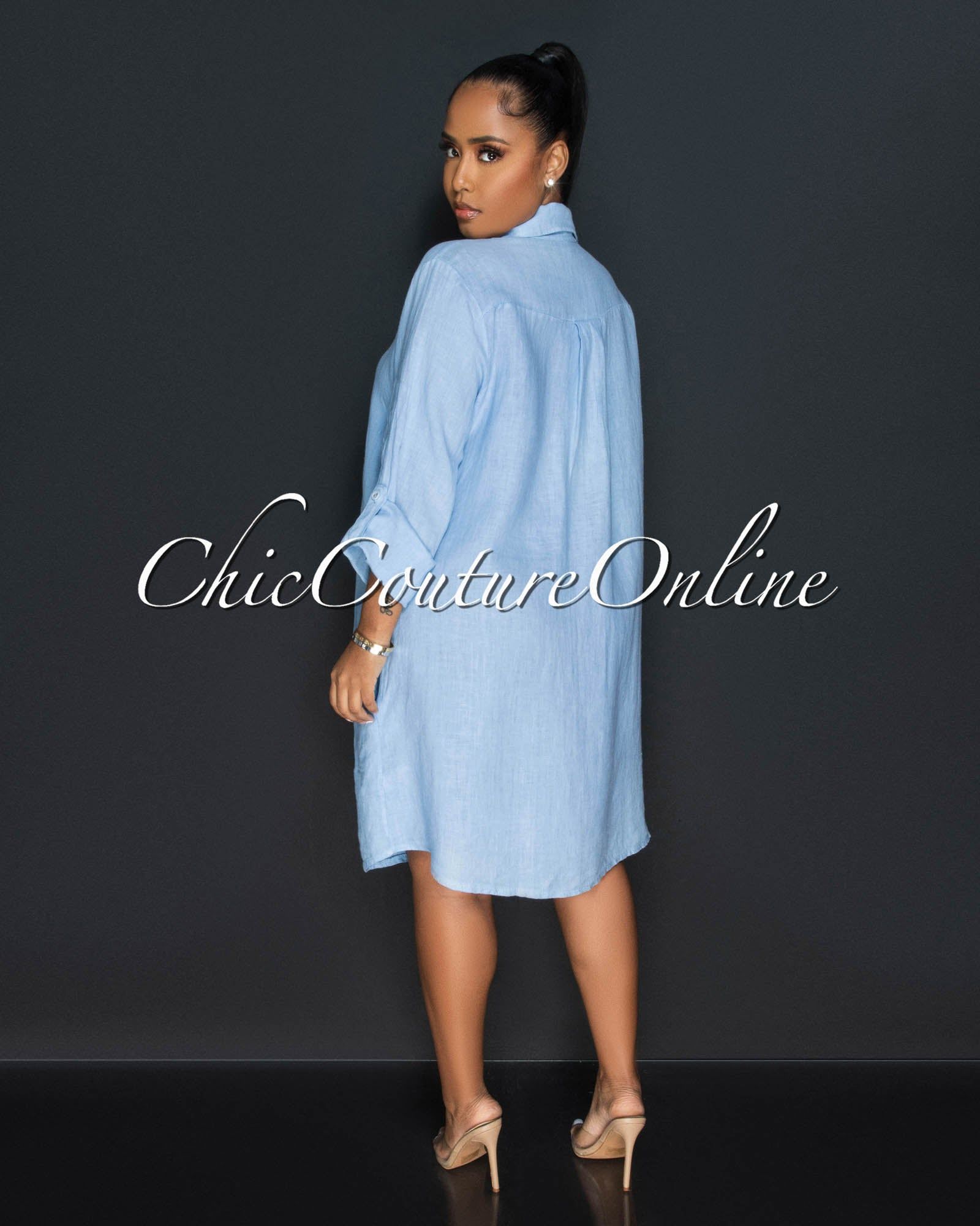 Cheyenne Baby Blue Front Buttons Shirt LINEN Midi Dress sold by Chic Couture product image thumbnail 4