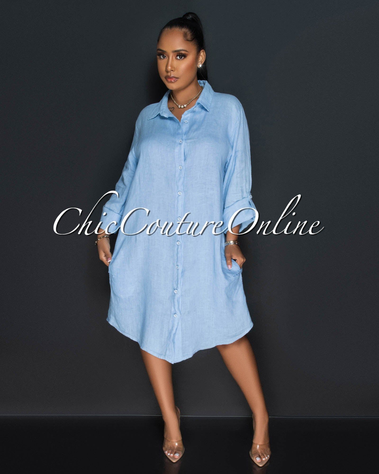 Cheyenne Baby Blue Front Buttons Shirt LINEN Midi Dress sold by Chic Couture product image thumbnail 3
