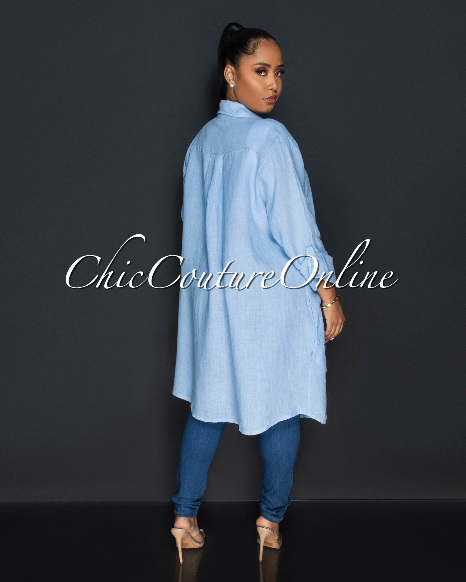 Cheyenne Baby Blue Front Buttons Shirt LINEN Midi Dress sold by Chic Couture product image thumbnail 2