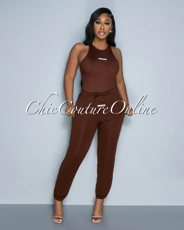 Maely Brown Ribbed Bodysuit & Sweatpants Set sold by Chic Couture