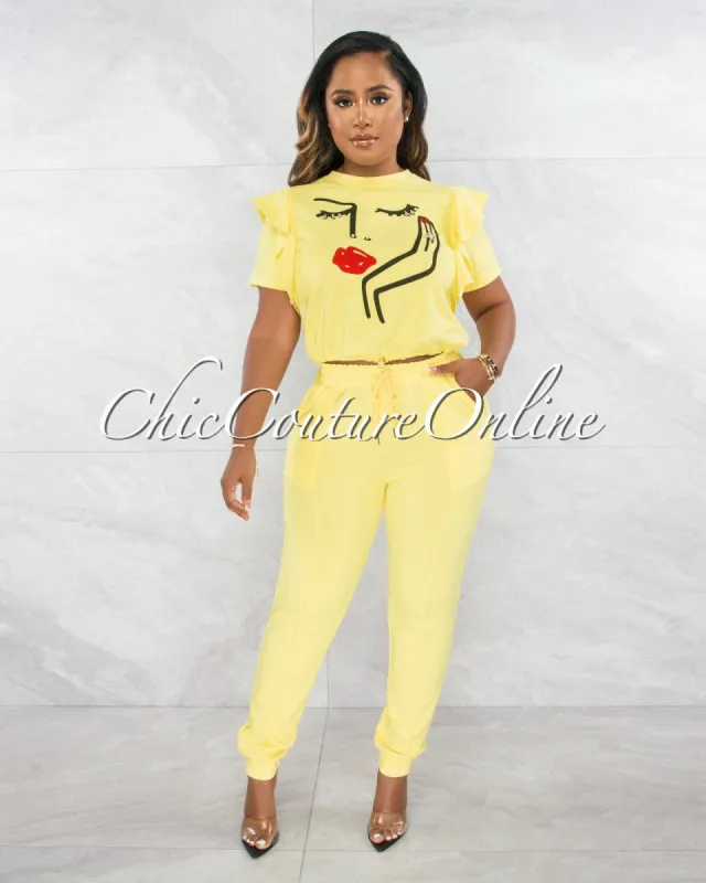 Hakon Yellow Graphic Crop Top & Joggers Set sold by chic