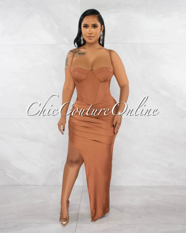 *Pascasia Brown Corset Top & Draped Slit Maxi Skirt Set sold by Chic Couture