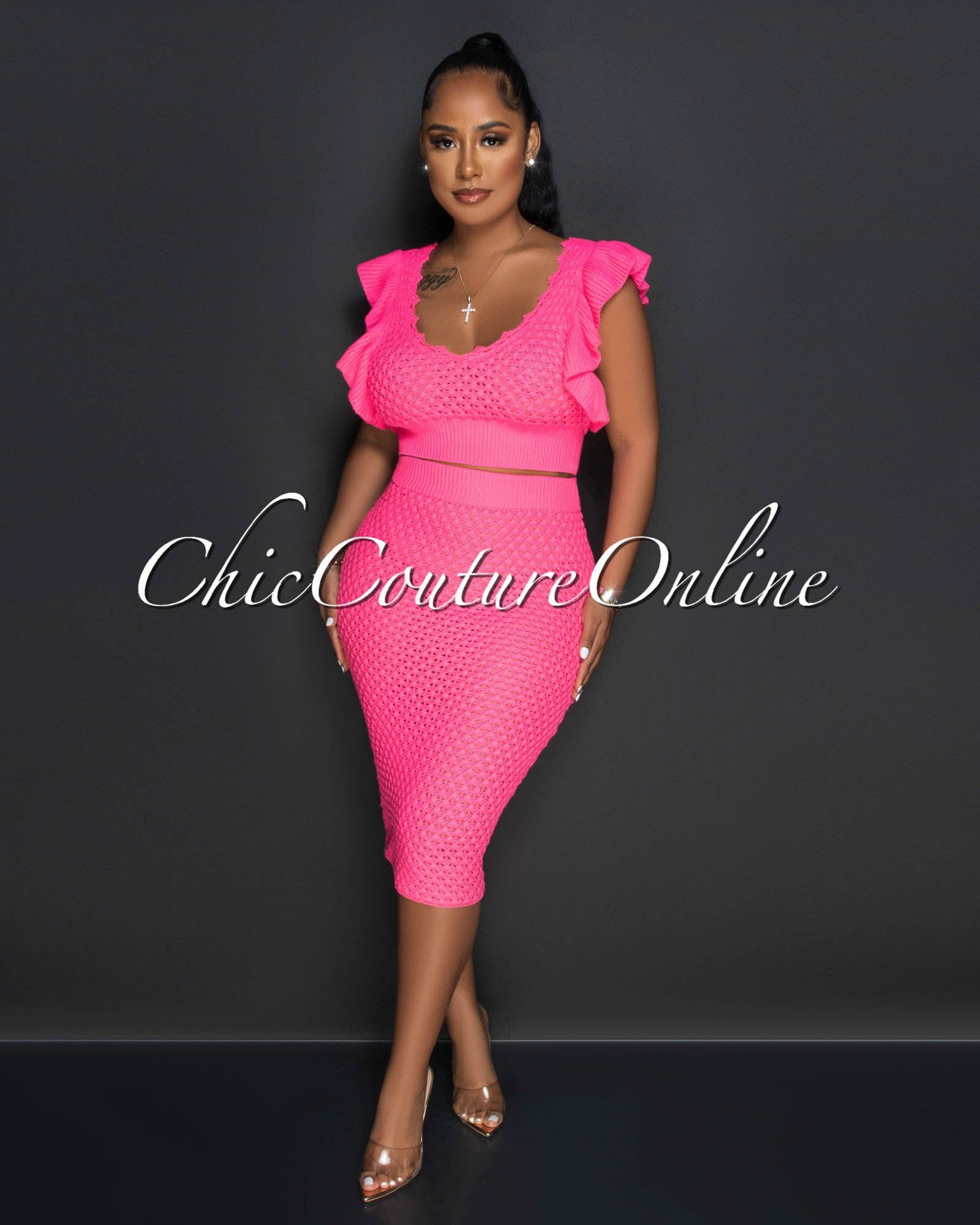 *Halley Hot Pink Crop Top & Crochet Cover-Up Skirt Set sold by Chic Couture product image thumbnail 2