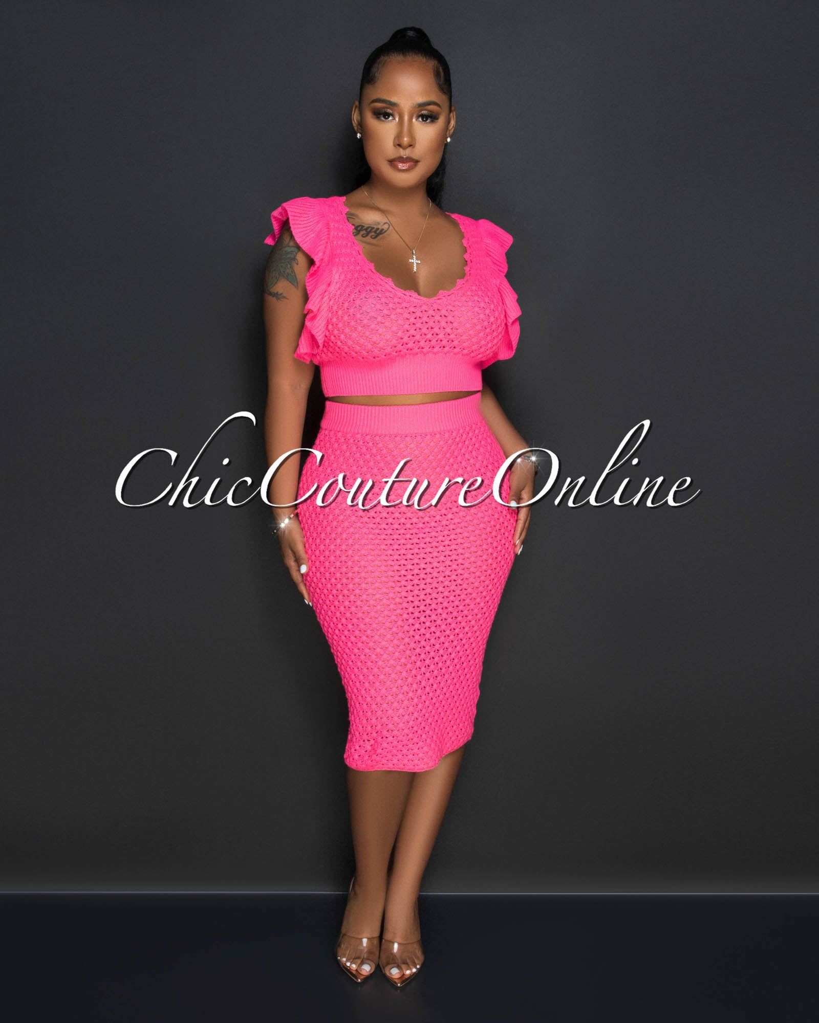 *Halley Hot Pink Crop Top & Crochet Cover-Up Skirt Set sold by Chic Couture