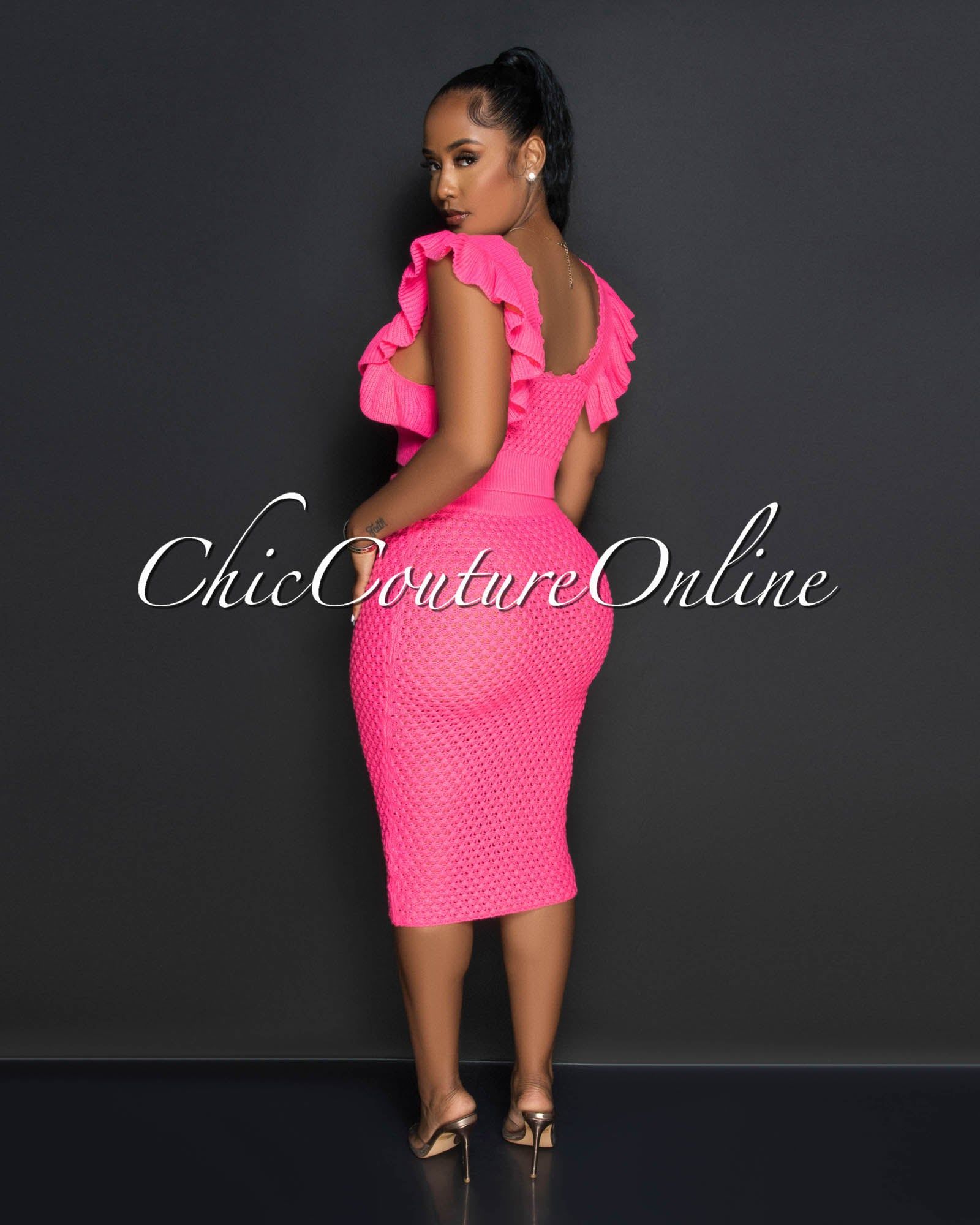 *Halley Hot Pink Crop Top & Crochet Cover-Up Skirt Set sold by Chic Couture product image thumbnail 3