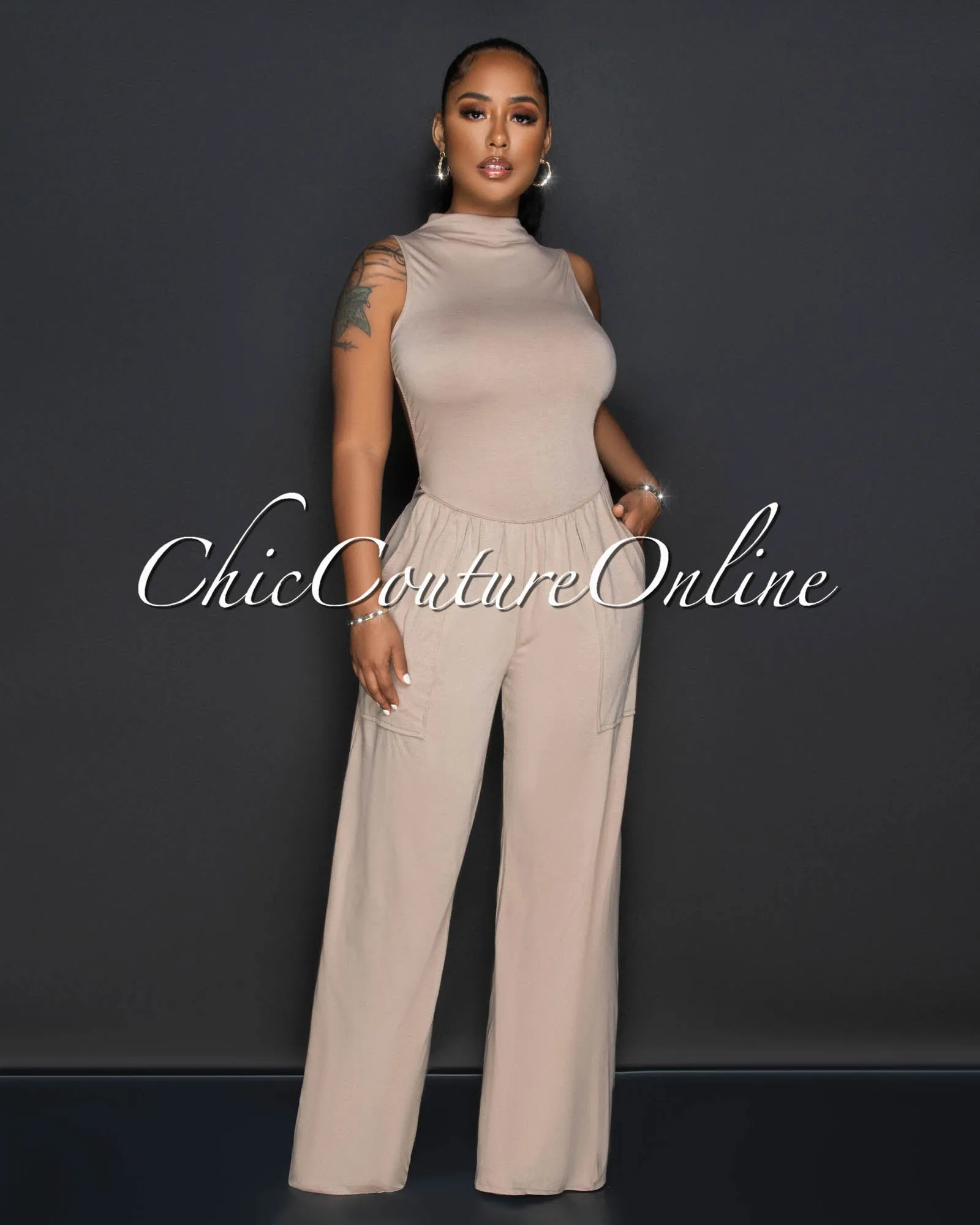 *Gladys Taupe Open Back Utility Jumpsuit sold by Chic Couture product image thumbnail 2