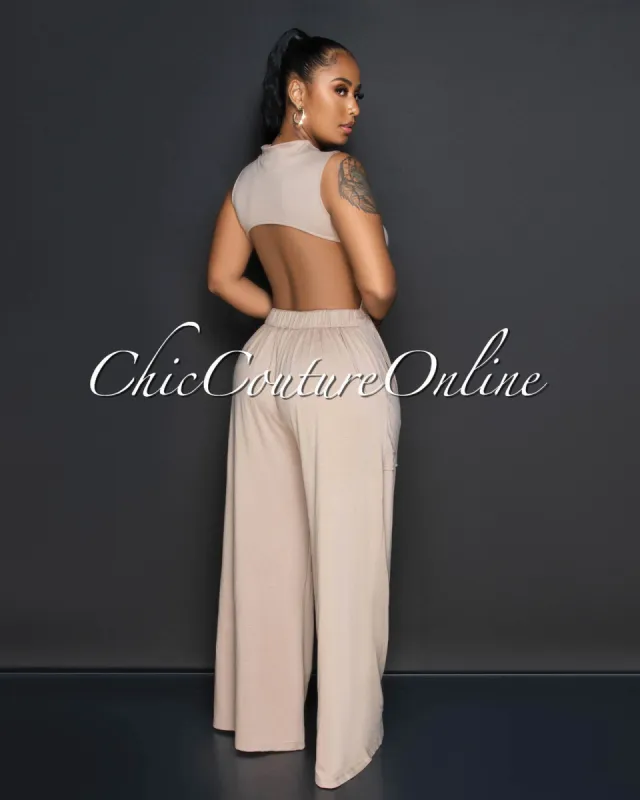 *Gladys Taupe Open Back Utility Jumpsuit sold by Chic Couture