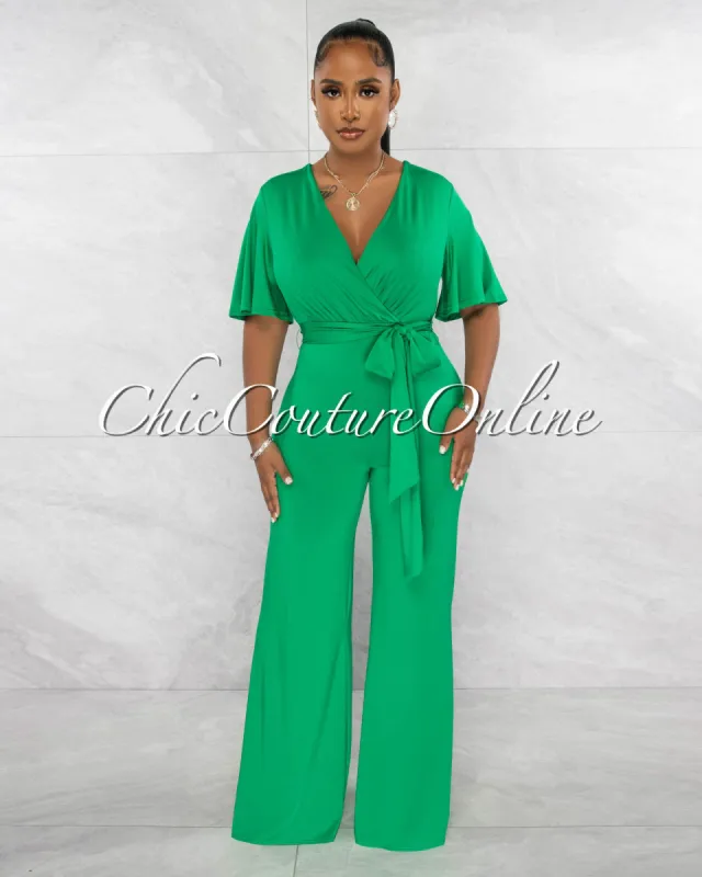 *Reilly Green V-Neck Self-Tie Belt Jumpsuit sold by Chic Couture